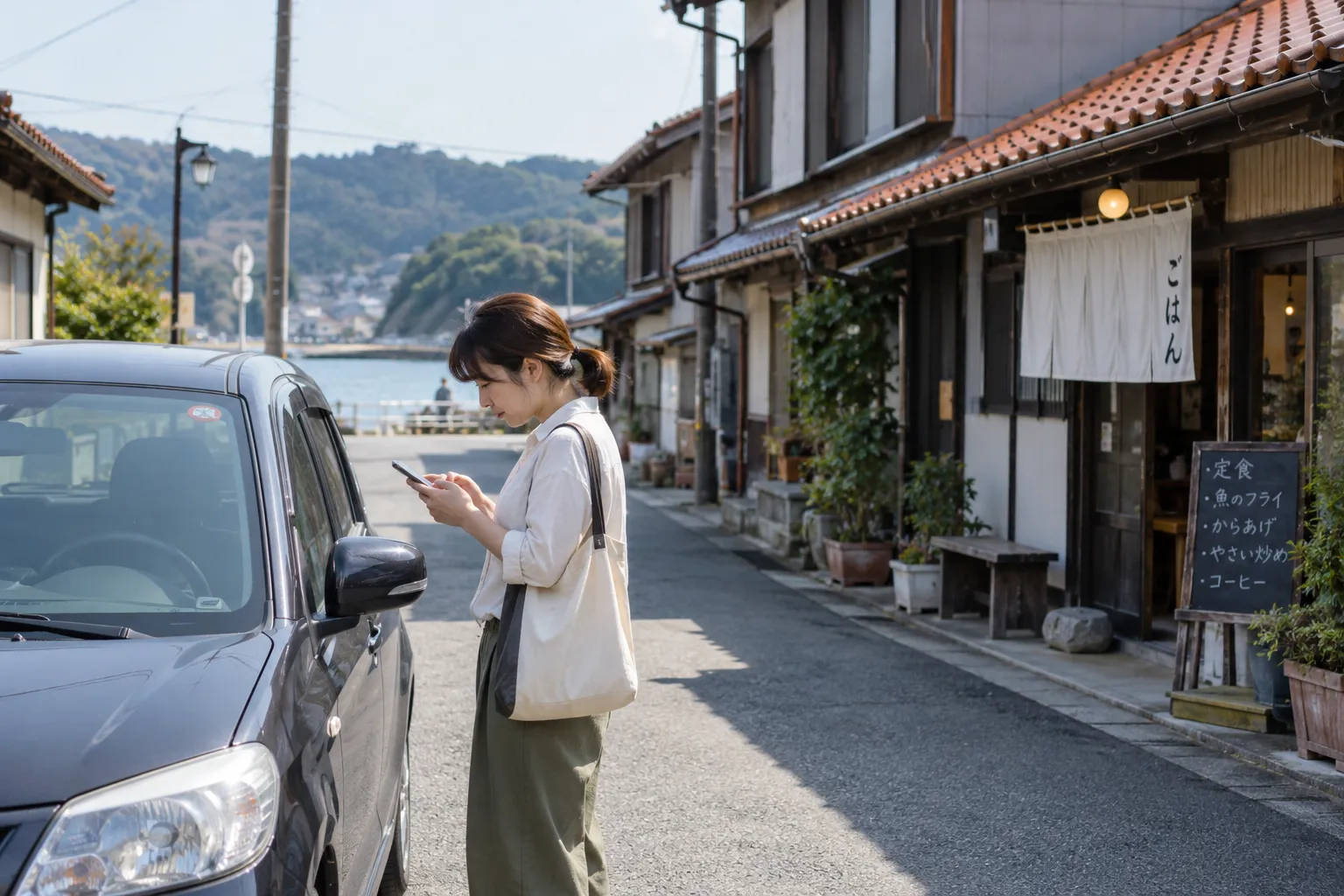 車の横でスマートフォンを見ている女性。すぐ先に、のれんを出した定食屋がある