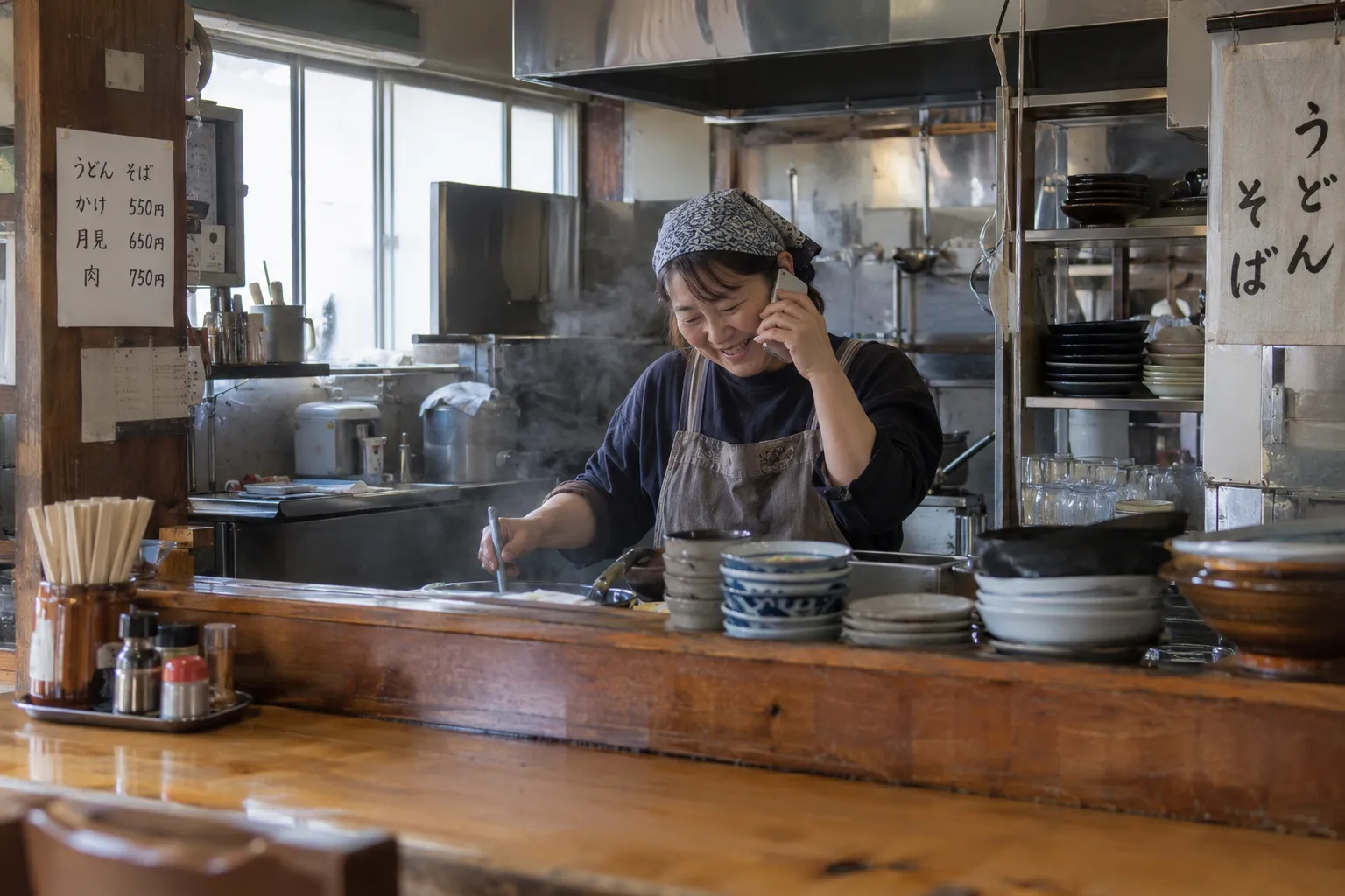 うどん屋の調理場で、手を動かしながらスマートフォンの電話に笑顔で出ている店の人